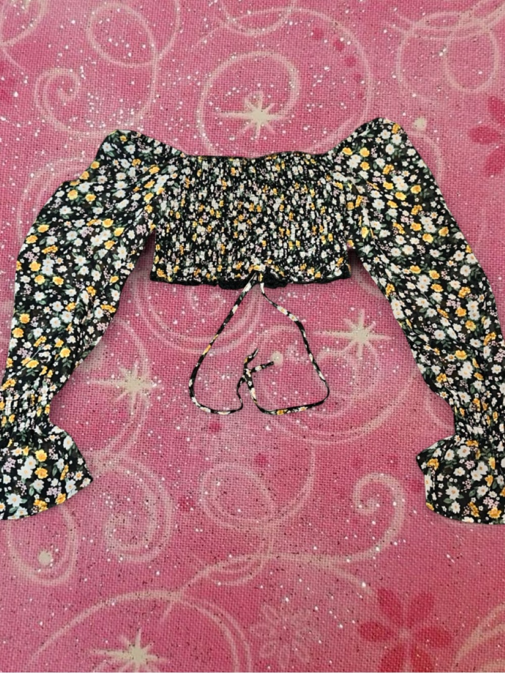 Smocked Off-Shoulder Floral Crop Top - Black with Yellow & White Flowers